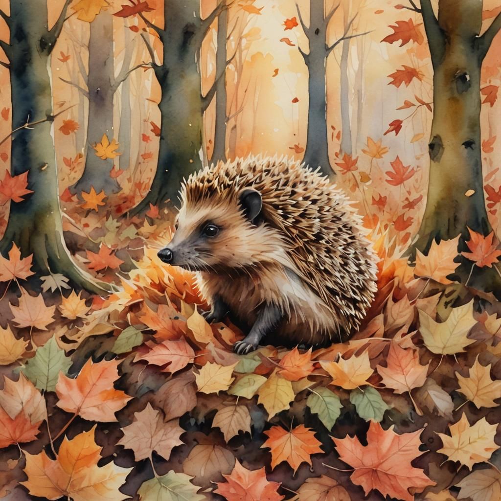 Whimsical Watercolour Hedgehog in Autumn Leaves
