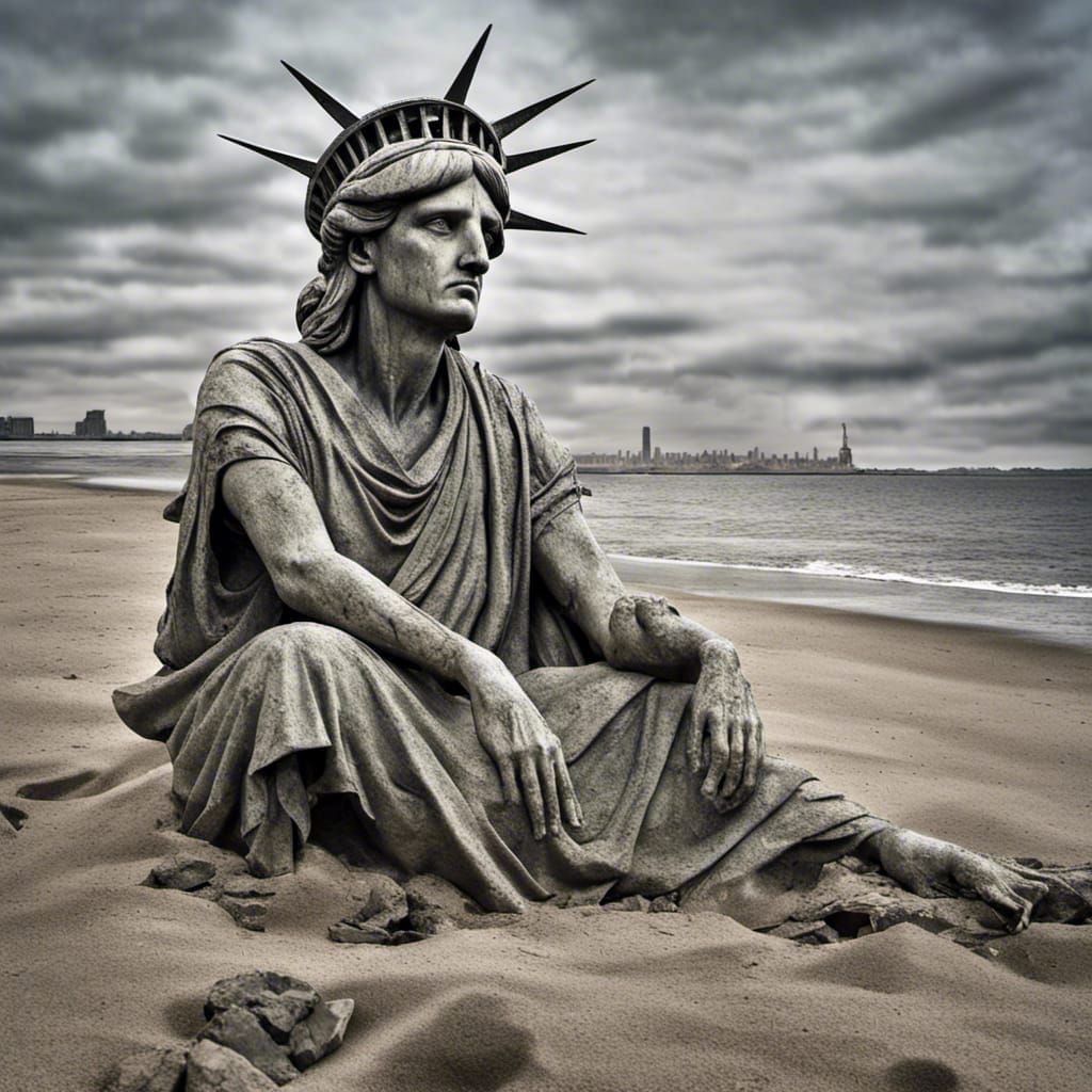 Ruined Statue of Liberty on Rocky Beach