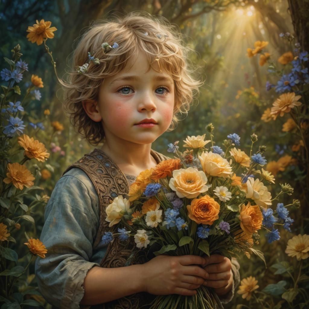 Boy with Flowers: Intricate Portrait