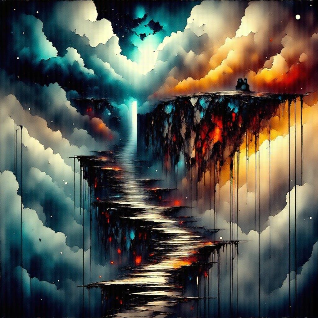 Surreal Stairway to Floating House in Dreamlike Fantasy