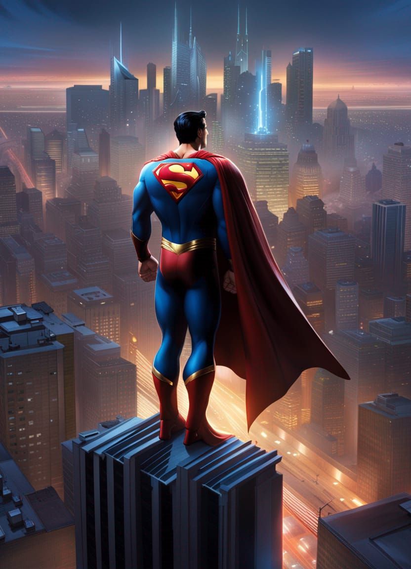 Villain Superman Over Metropolis in Comic Book Style