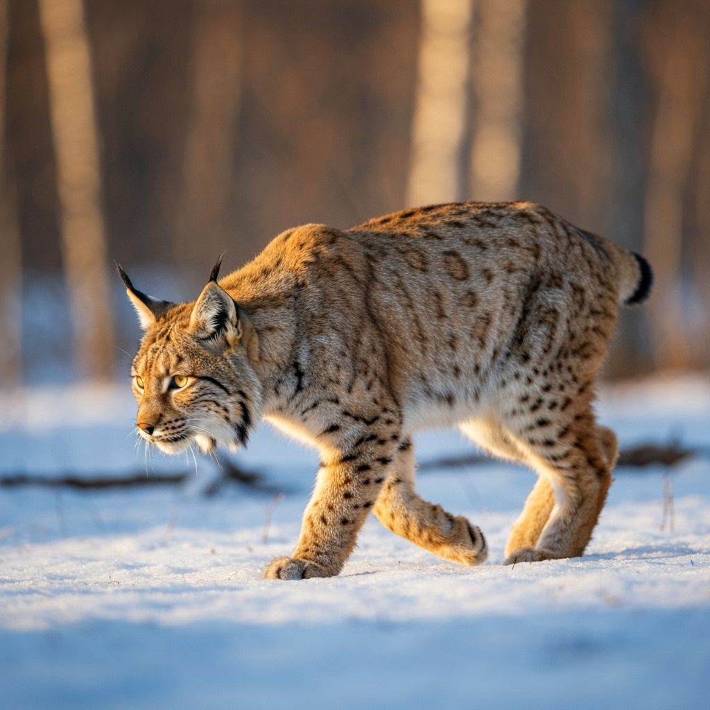 Lynx in Icy Forest Under Warm Light, Sharp Focus