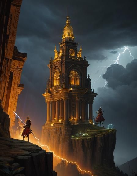 Epic Fantasy Warriors Raise Swords in Stormy Landscape