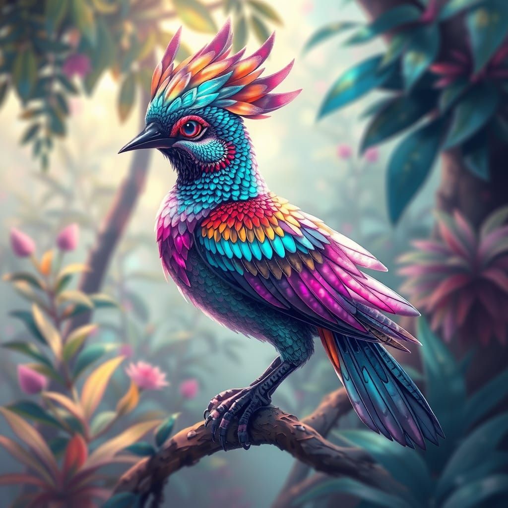 Iridescent Bird with Vibrant Plumage in Digital Art Style