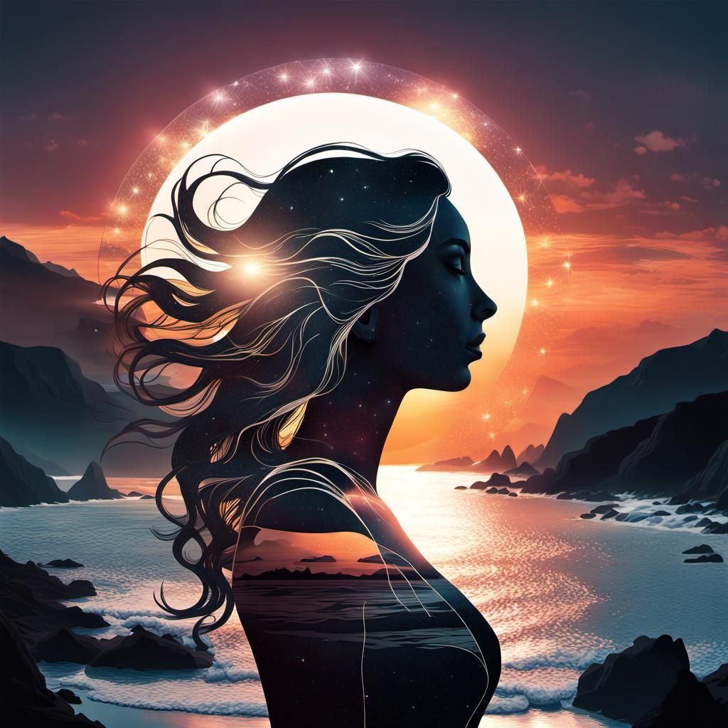 Goddess Silhouette Double Exposure with Sunset Coast