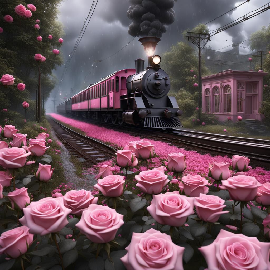 Train Journey Through Pink Roses: Detailed Matte Painting