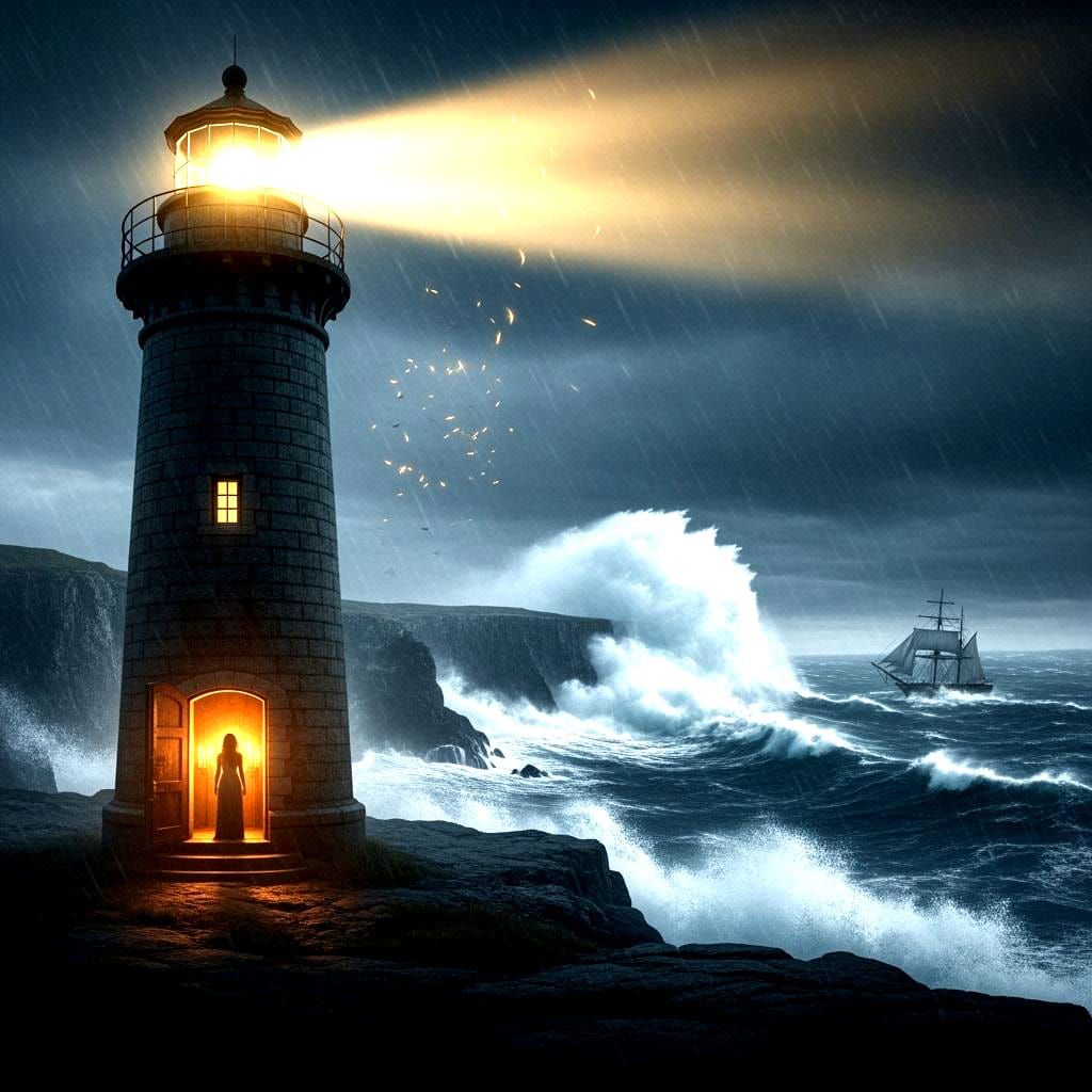 1800s Lighthouse Guides Ship Through Stormy Seas