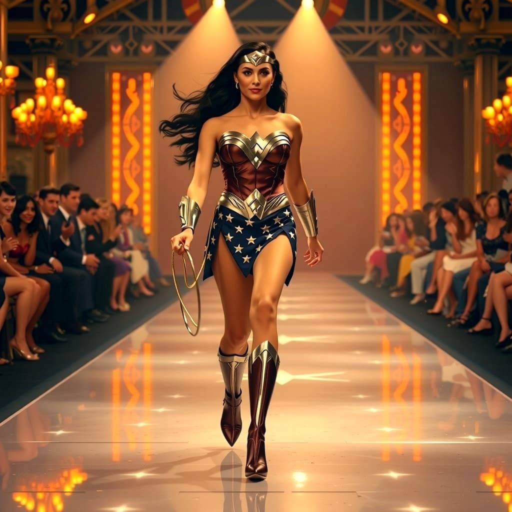 Wonder Woman strides confidently down a gleaming catwalk,  holding her trusty lasso
