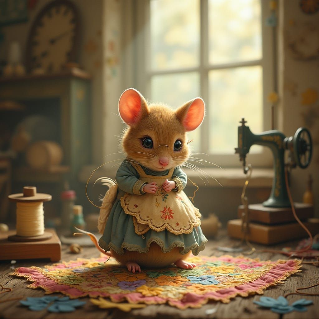 Whimsical Mouse Seamstress in Cozy Attic Workshop
