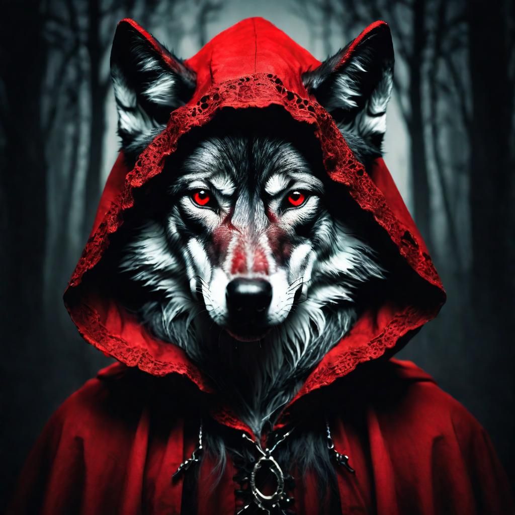 Eerie Wolf in Red Riding Hood Portrait