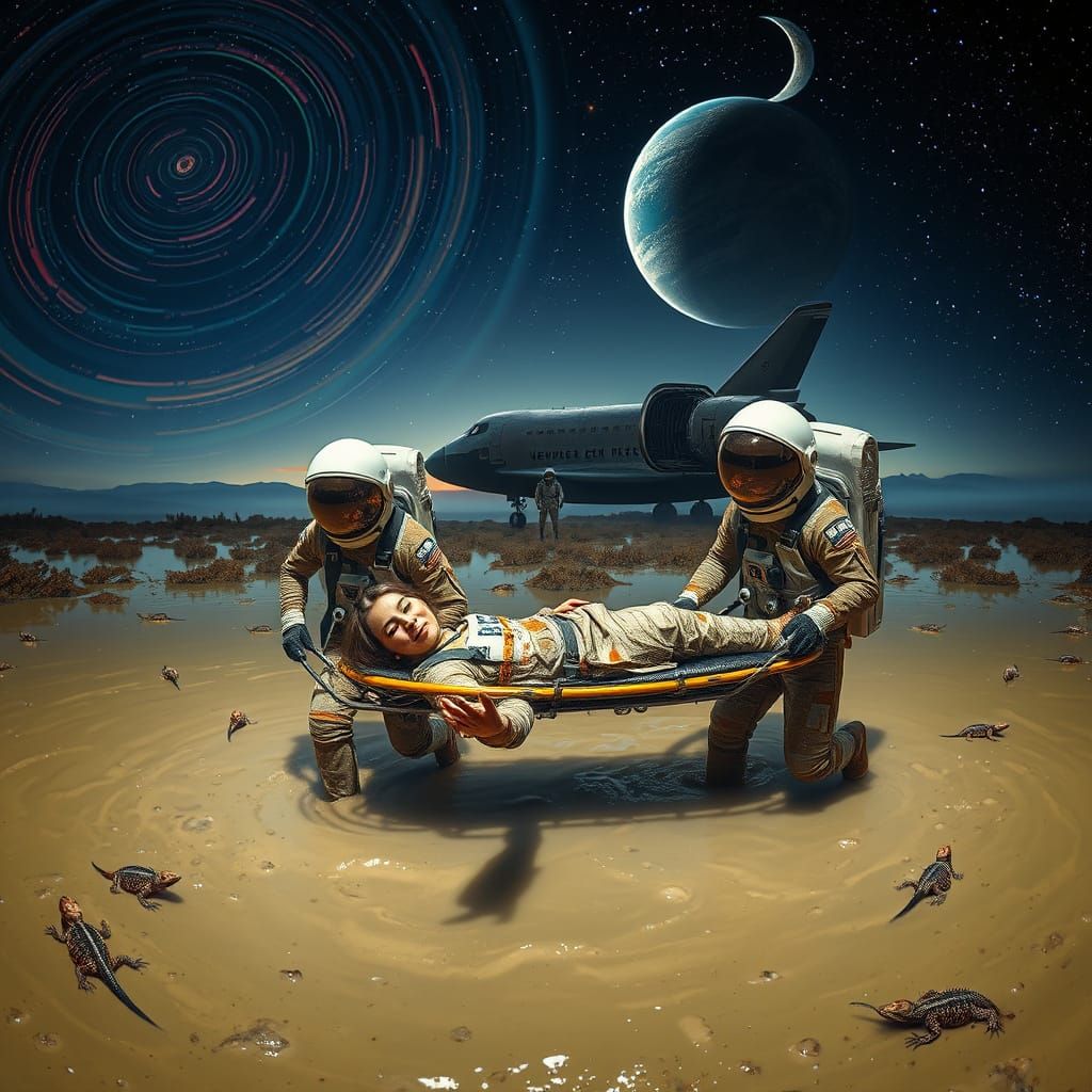 Astronauts Rescue Colleague From Mud Swamp Under Starry Sky