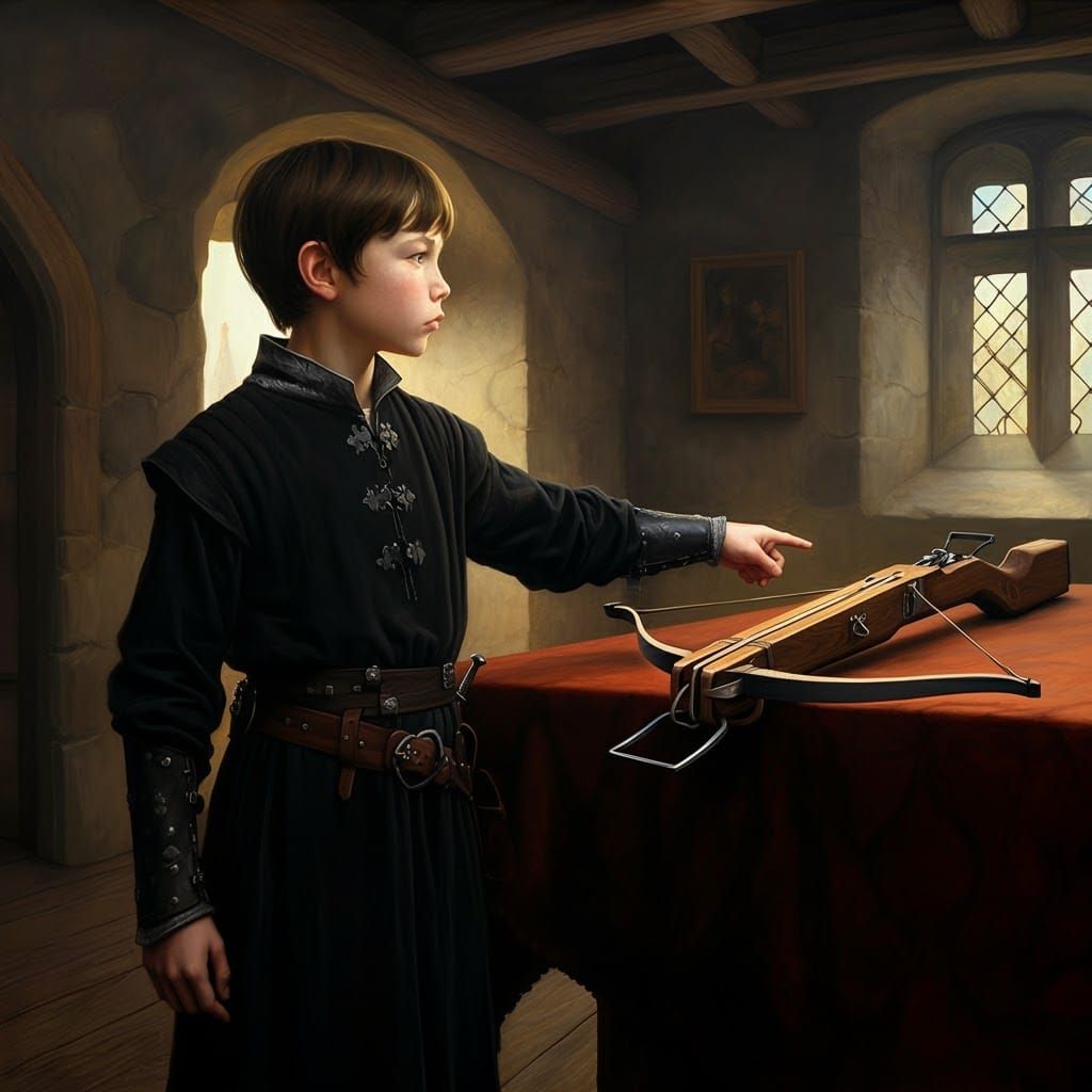Boy in Medieval Dress Points to Weapons