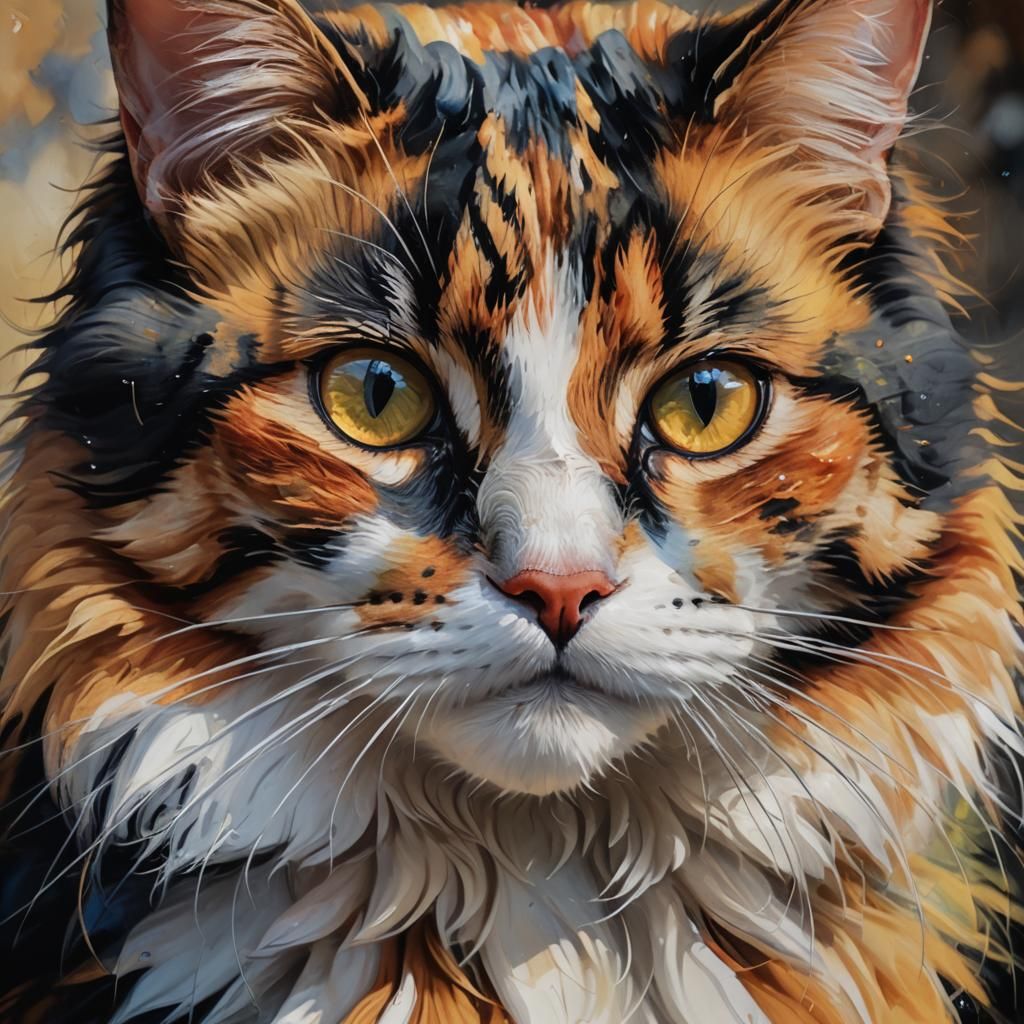 Vibrant Calico Cat Oil Painting Close-Up