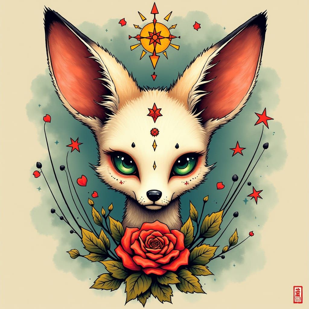 Fennec Fox Mystical Tattoo Design in Surrealist Style