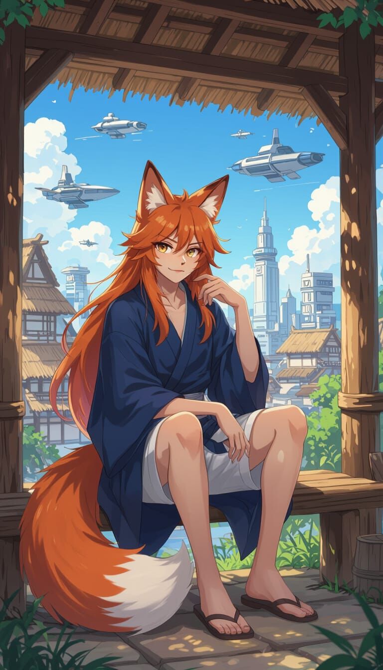 Anime Fox-Girl in Futuristic Cityscape