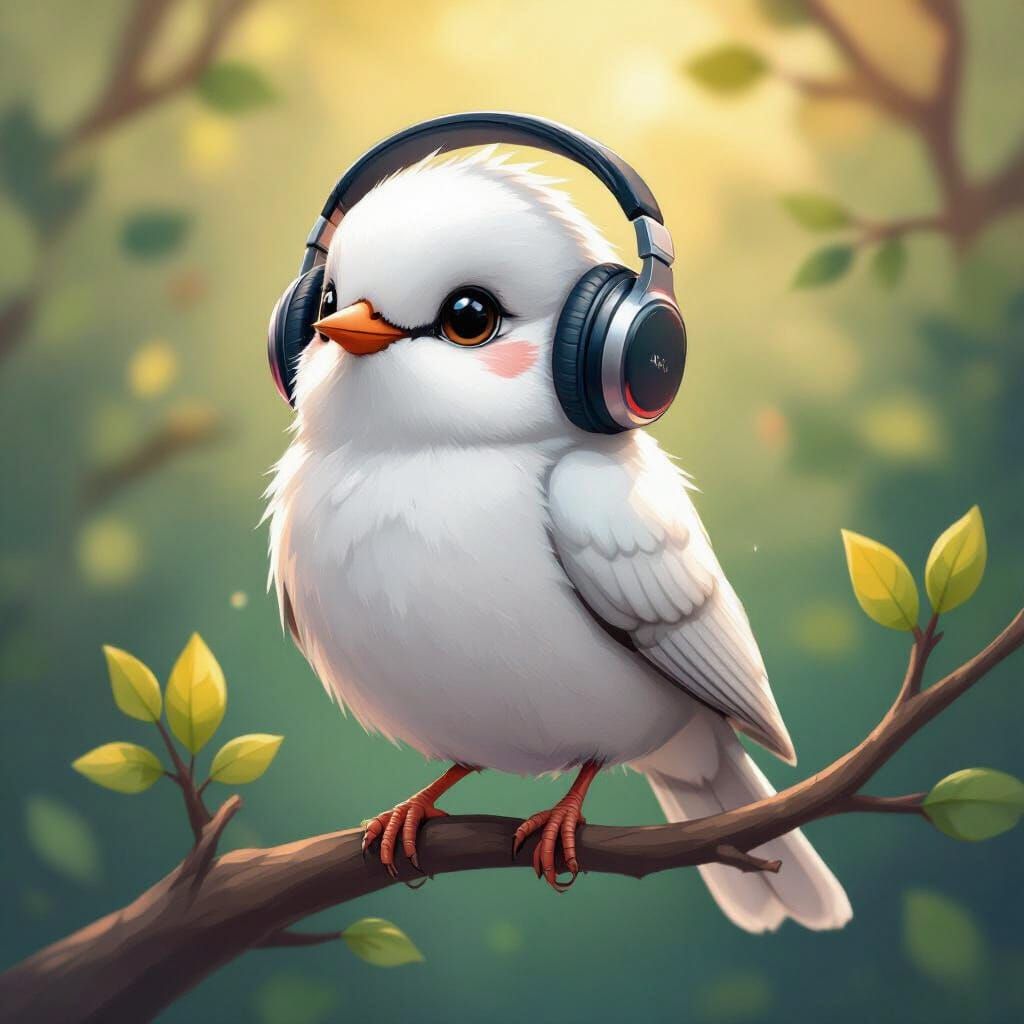 Whimsical White Bird with Headphones on Branch