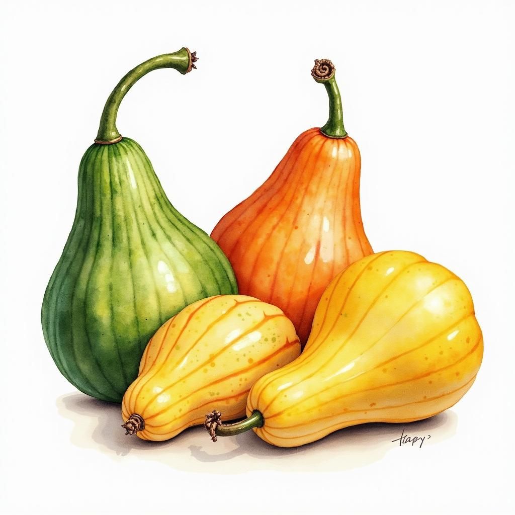 Watercolor Still Life of Colorful Gourds