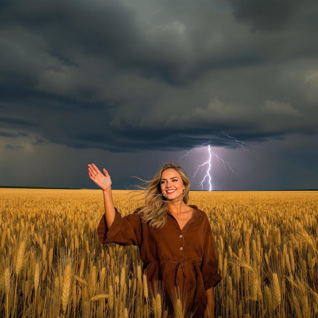 Wheat Field Woman Before Approaching Thunderstorm