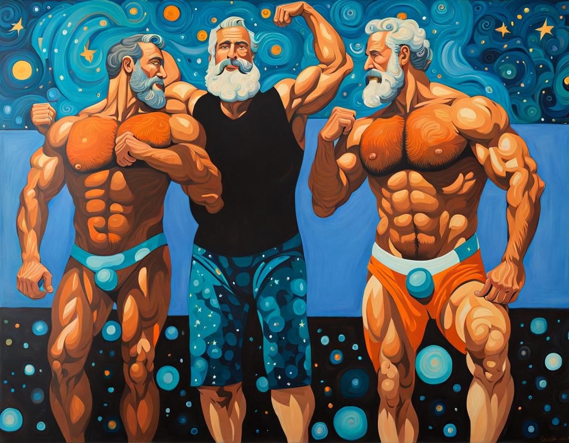 Polished Muscular Men in Klimt-Inspired Oil Painting