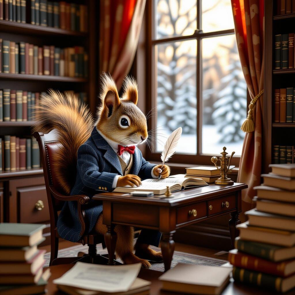 Squirrel in Suit Writing in Cozy Study