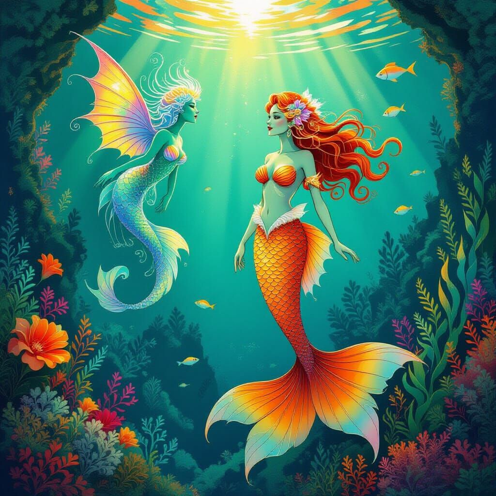 Androgynous Mermaid and Coral Spirit in Whimsical Underwater...