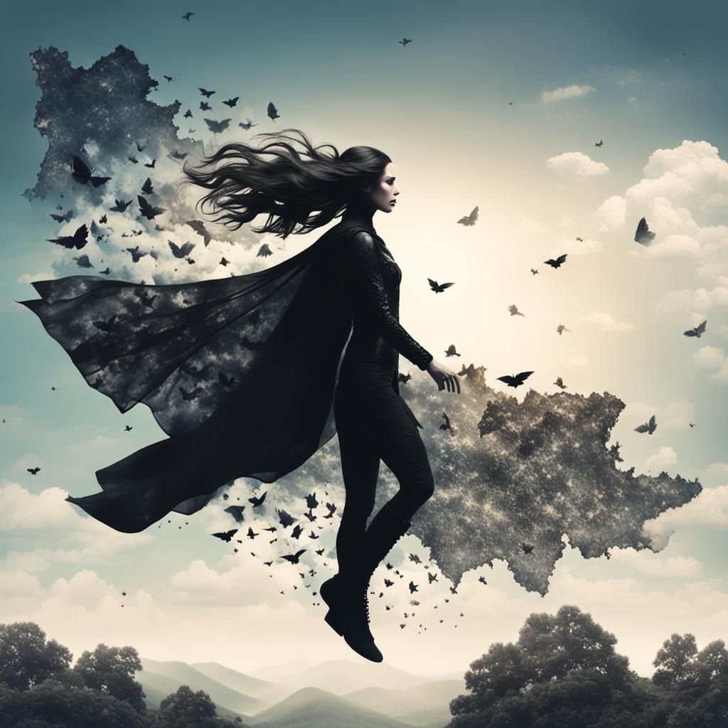 Superheroine in Flight: Detailed Double Exposure Art