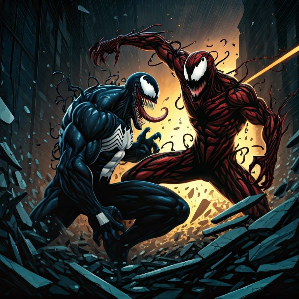 Venom vs Carnage: Comic Book Battle in Dark City