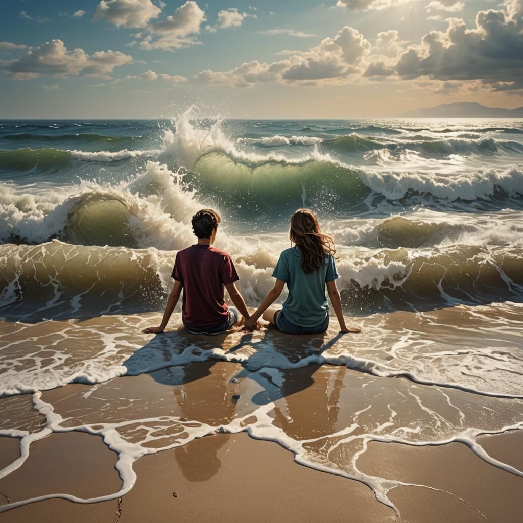 Teens Holding Hands at Sea, Fantasy Art
