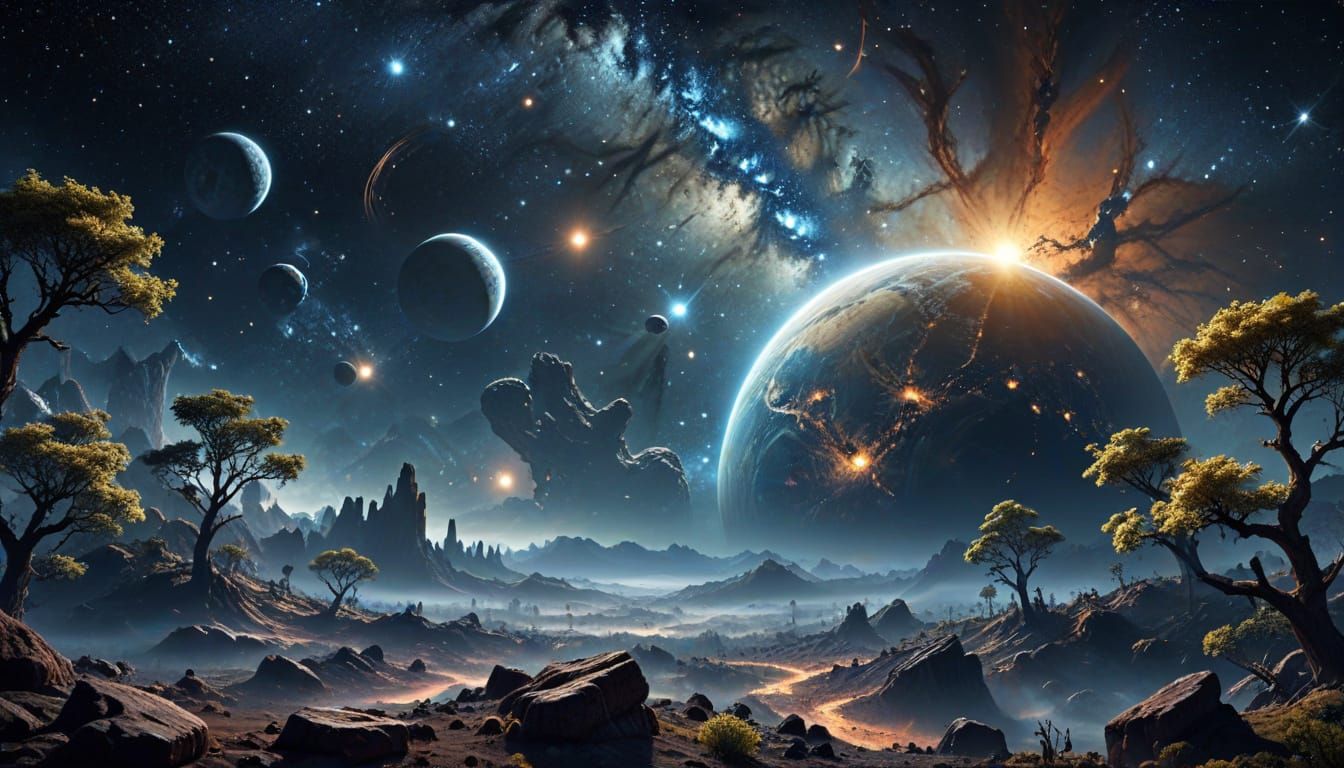 Ethereal Celestial Wonder: Earth and Emerald Moon in Space