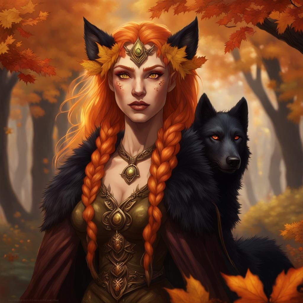 Eladrin Autumn Fae with Dire Wolf Companion