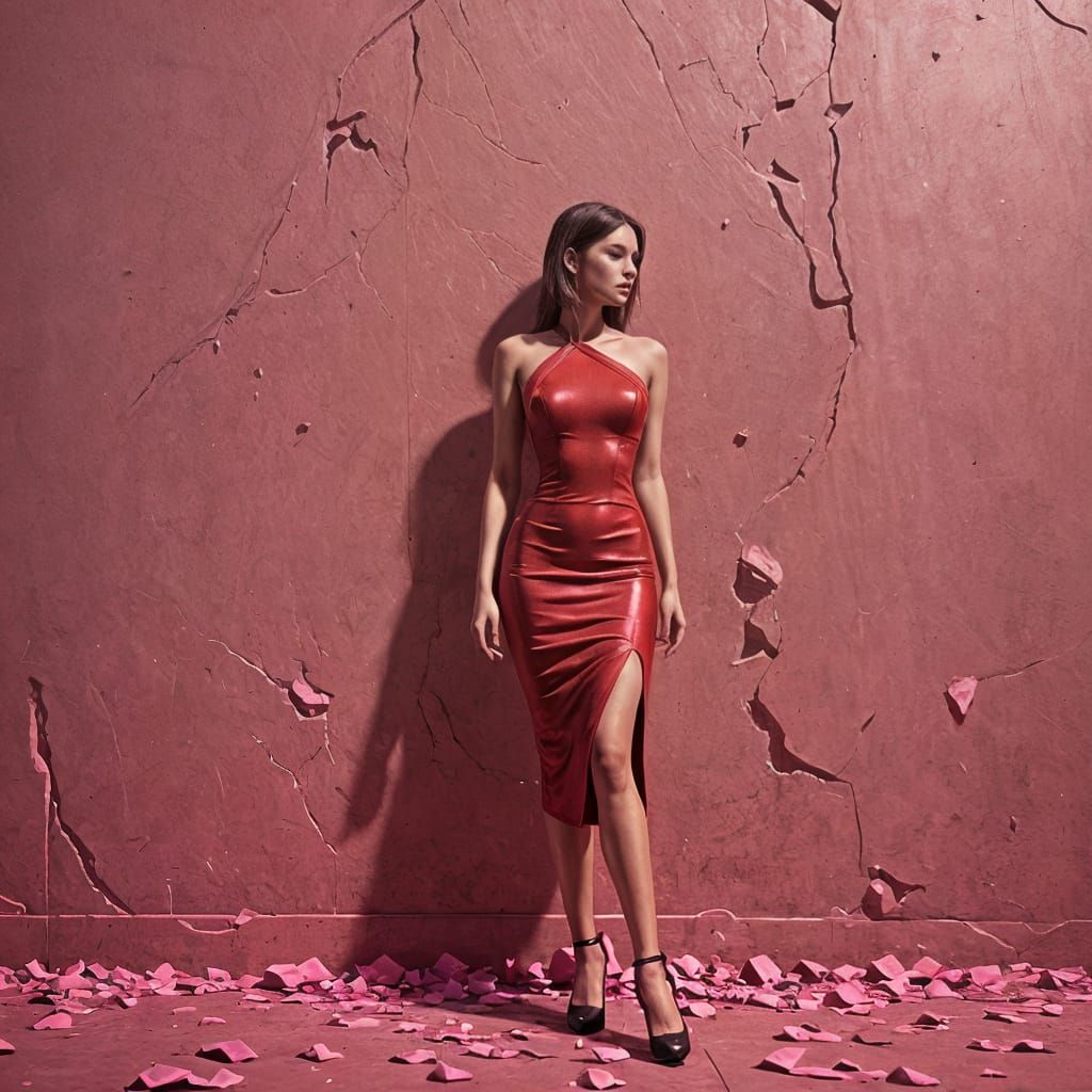 Red Dress Through Pink Wall: Detailed Matte Painting