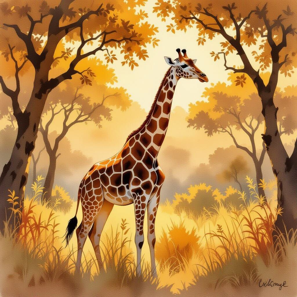 Giraffe in Golden Sunlight, Watercolor Savannah