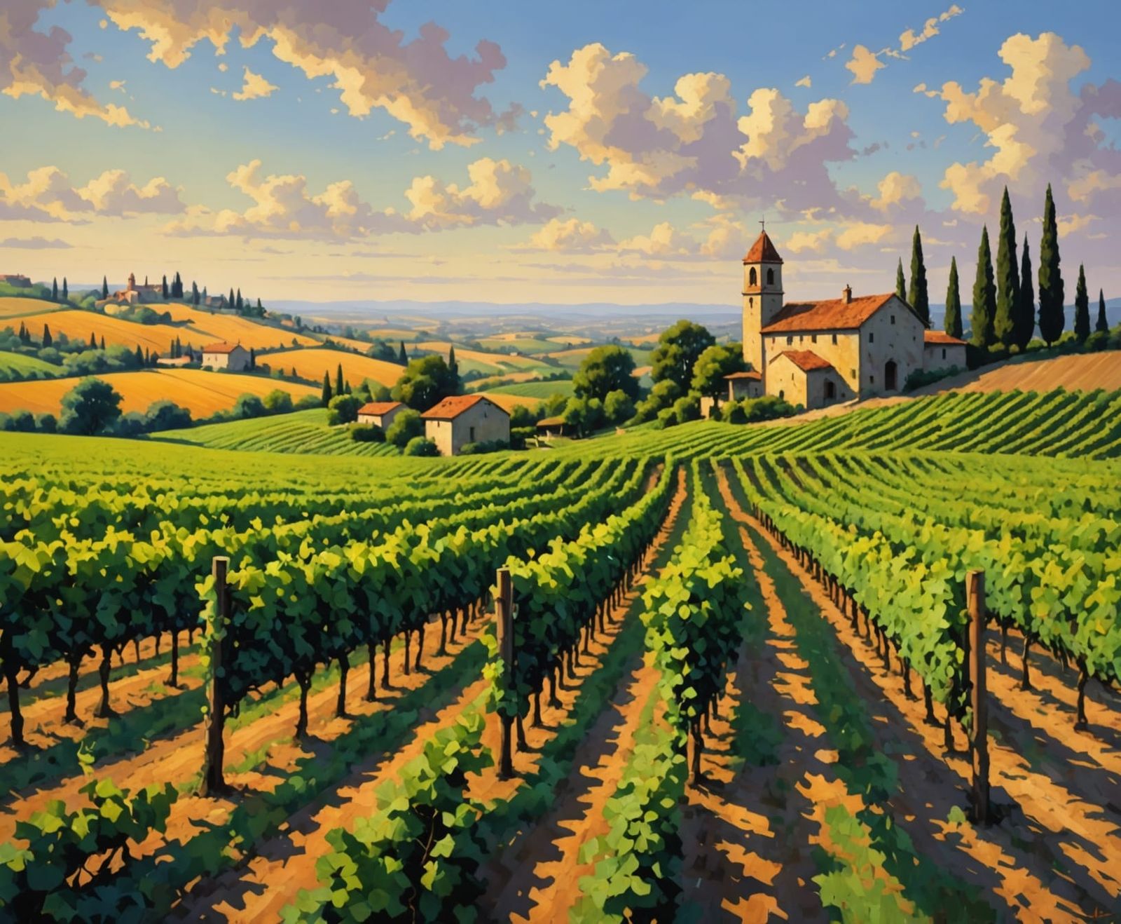 Tuscan Vineyard Scene in Traditional Italian Art Style