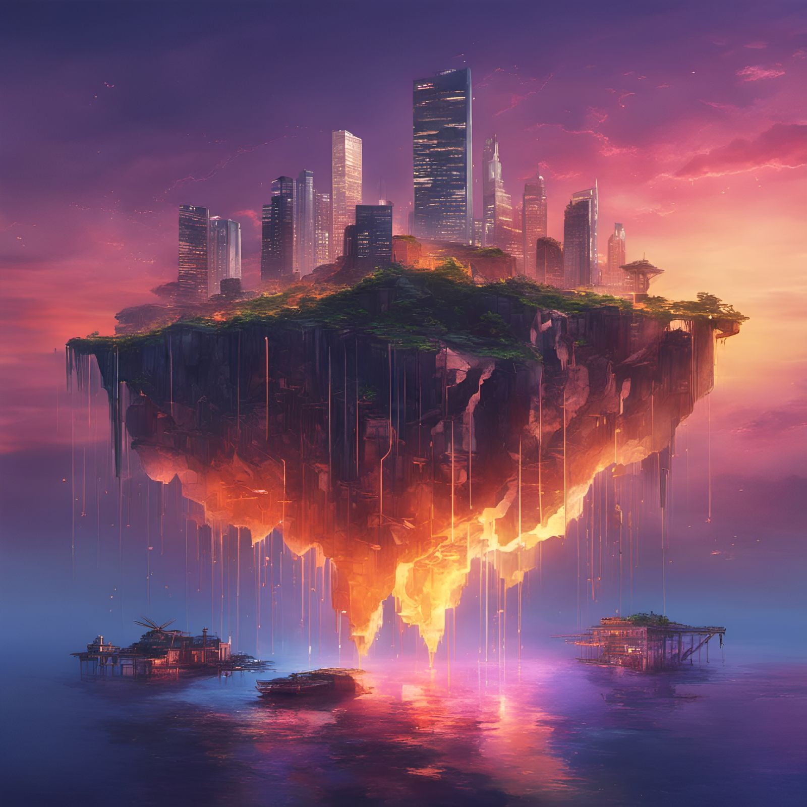 Floating Islands with Urban Structures in Hyperrealism