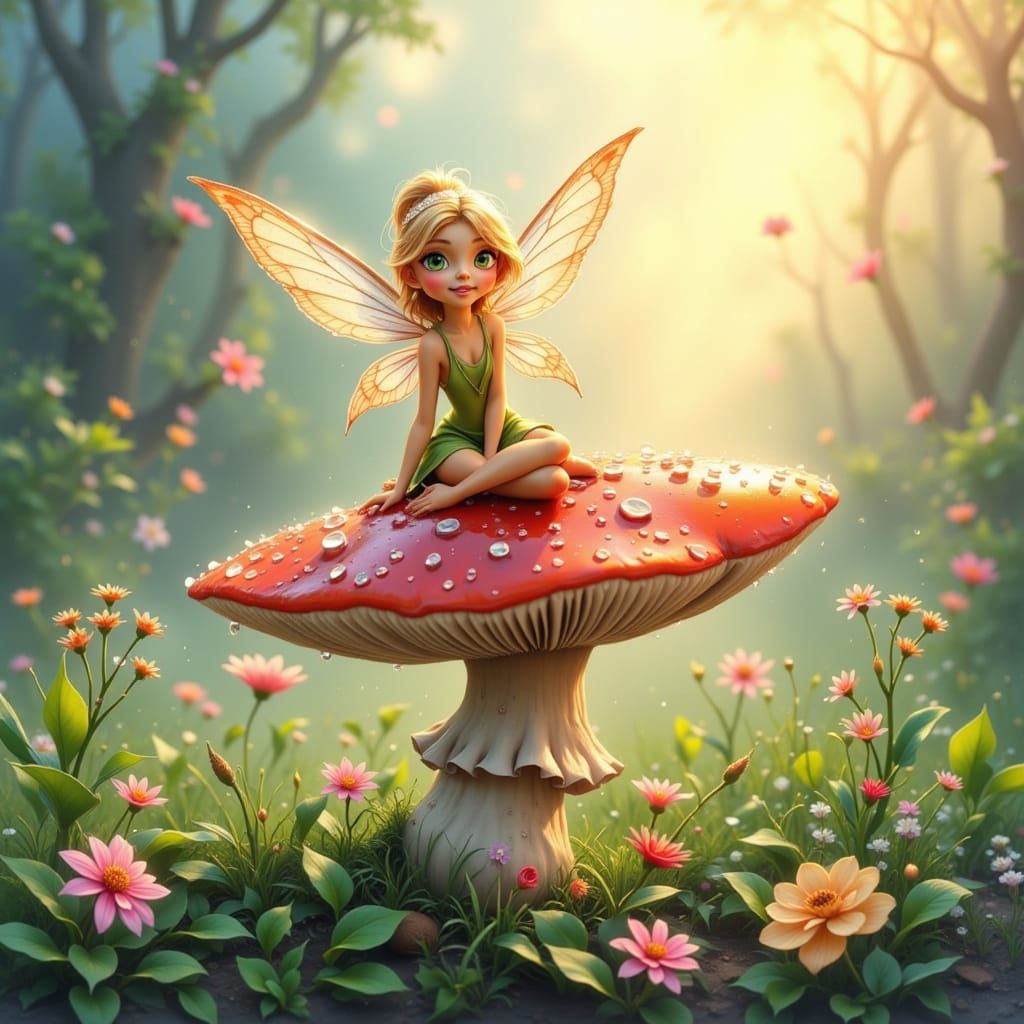Whimsical Fairy Sits on Vibrant Mushroom