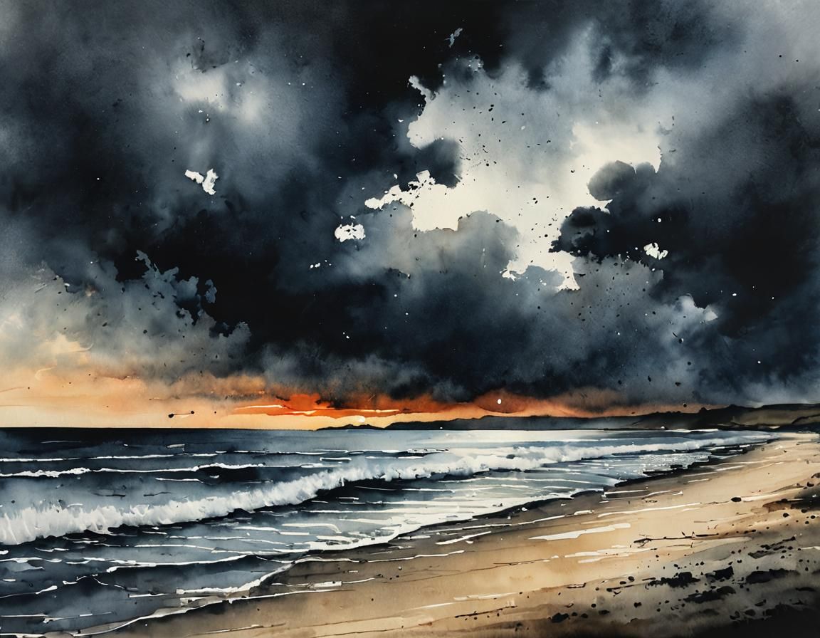 Dramatic Sunset Beach in Watercolor Style