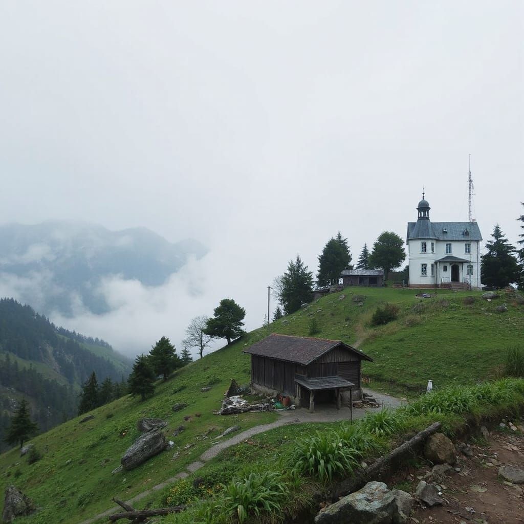 Mountain Lake Scene with Wooden Cottage in a Serene Alpine S...
