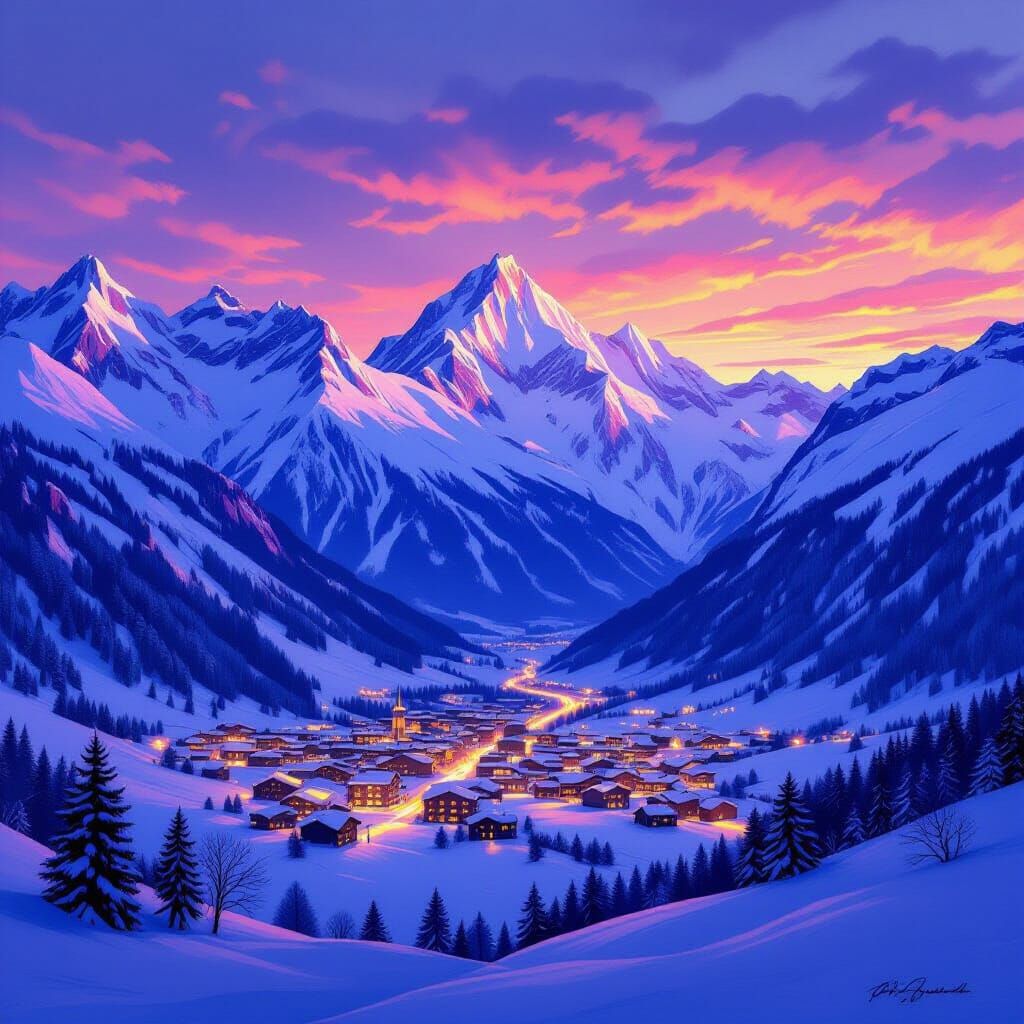 Chamonix Evening Sunset Over Snowy Mountains