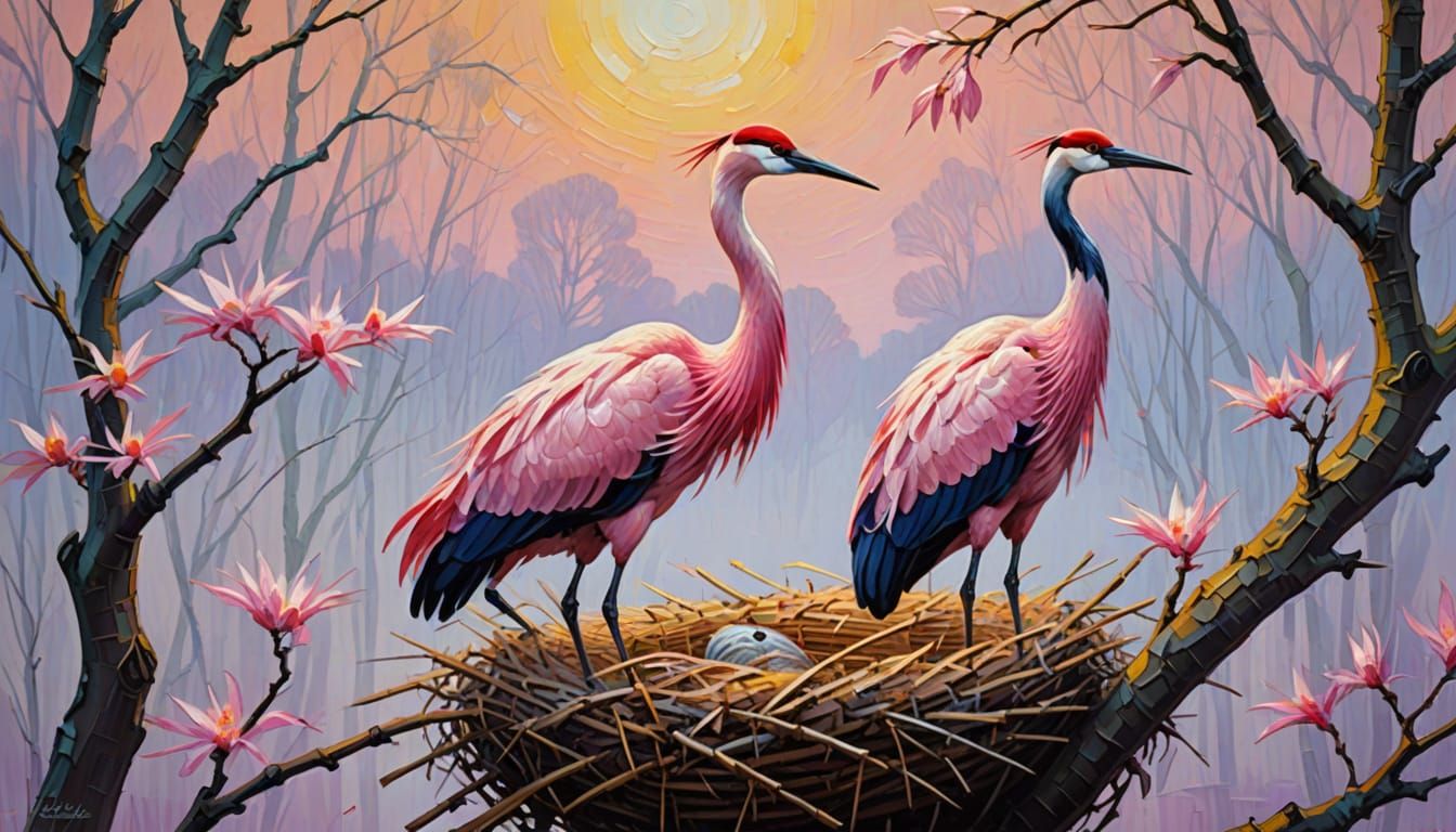 Pink Crane in Nest: Impressionist Oil Painting