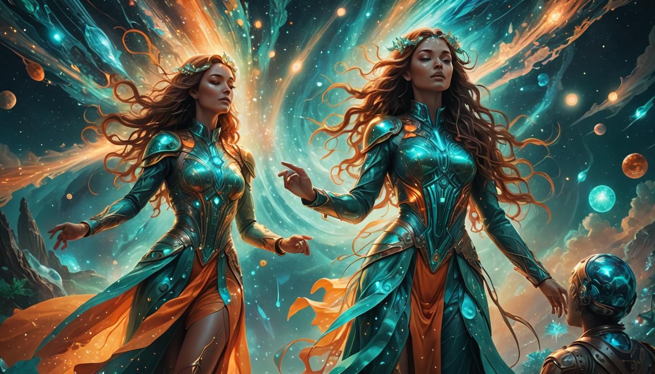 Cosmic Rocket-Girls in Astral Dreamscape Illustration