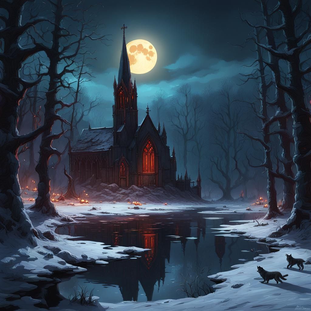 Winter Forest Gothic Ruin Under Moonlight