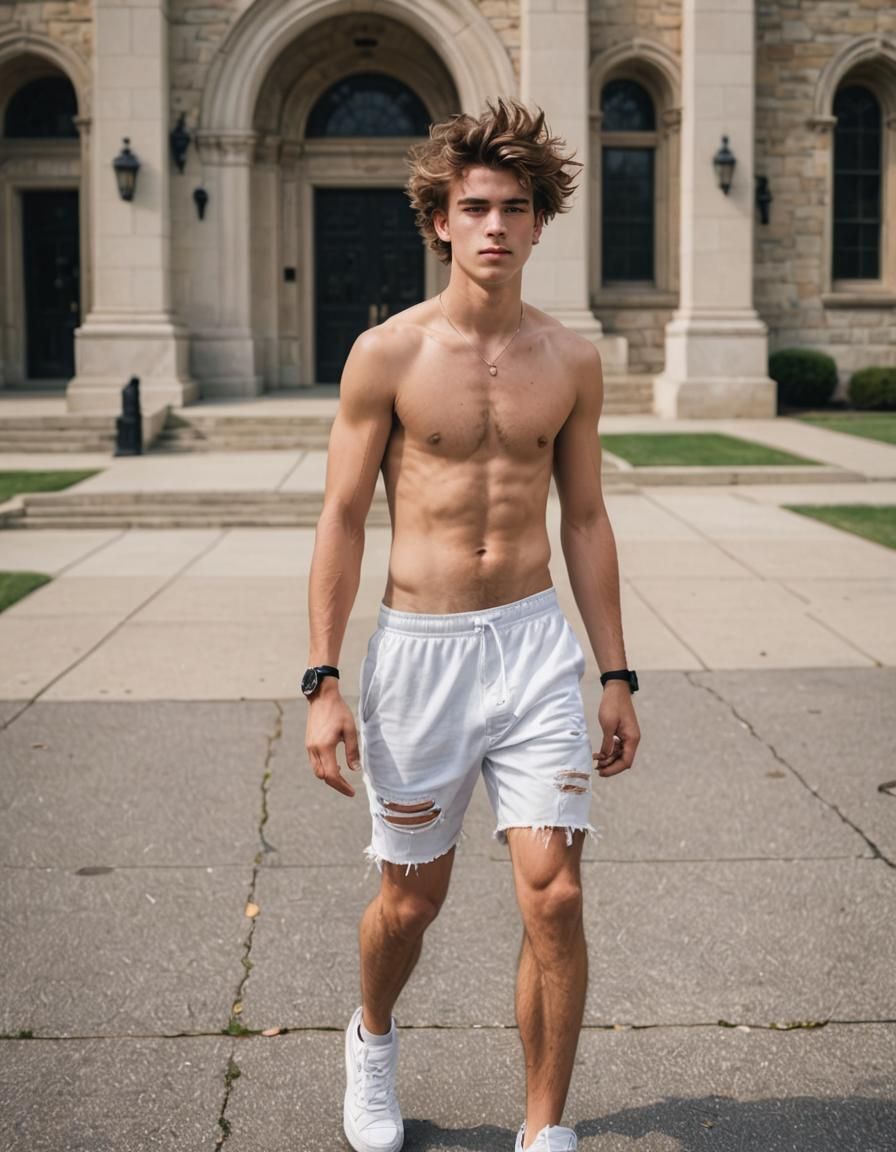 Shirtless Teen Walks on College Campus on Summer Day