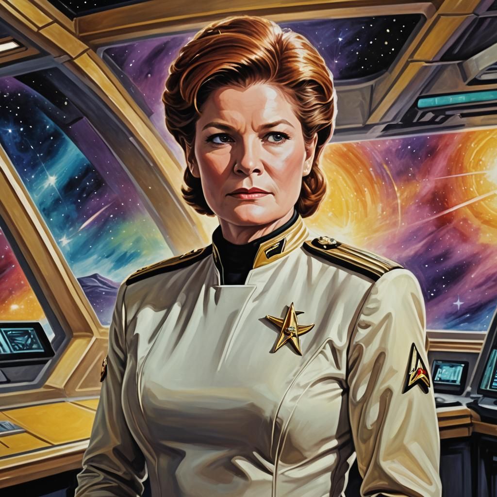 Captain Janeway on Voyager Bridge: Surrealist Oil Painting