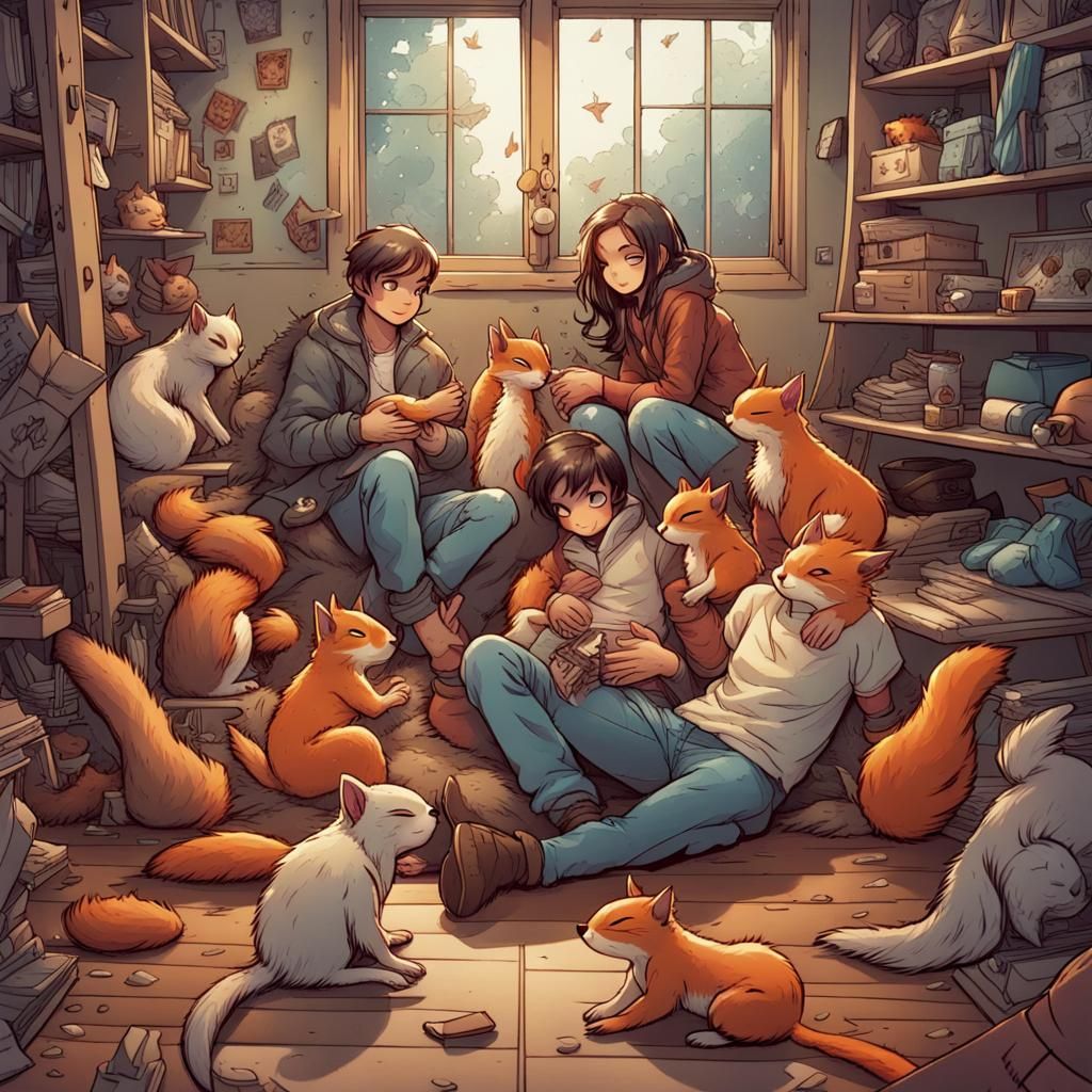 Children Hugging Pets Indoors During Heavy Rain