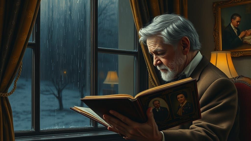 Melancholic Man Gazes at Memories in Rainy Night Oil Paintin...
