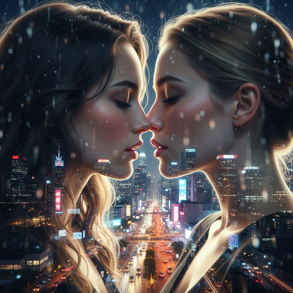 Dramatic Nighttime City Kiss
