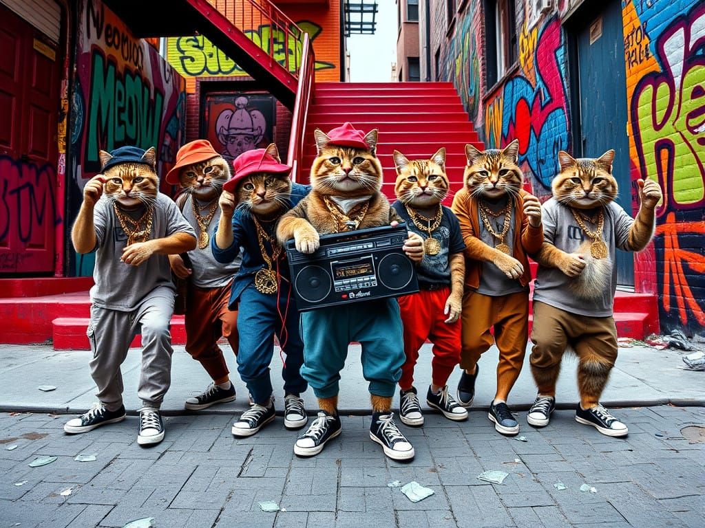 Cool Cats in 80s Hip-Hop Style Pose in Front of Graffiti New...