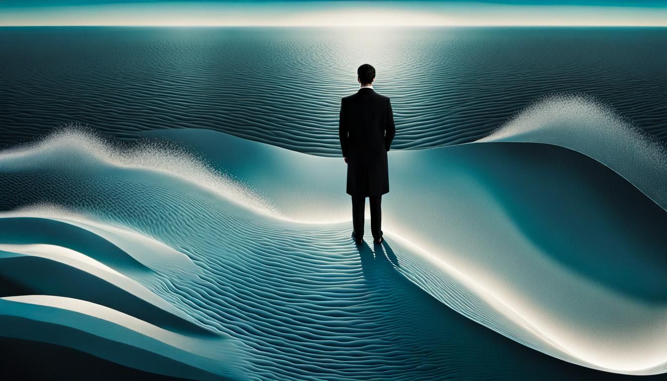 Surreal Digital Landscape with Pixel Sea