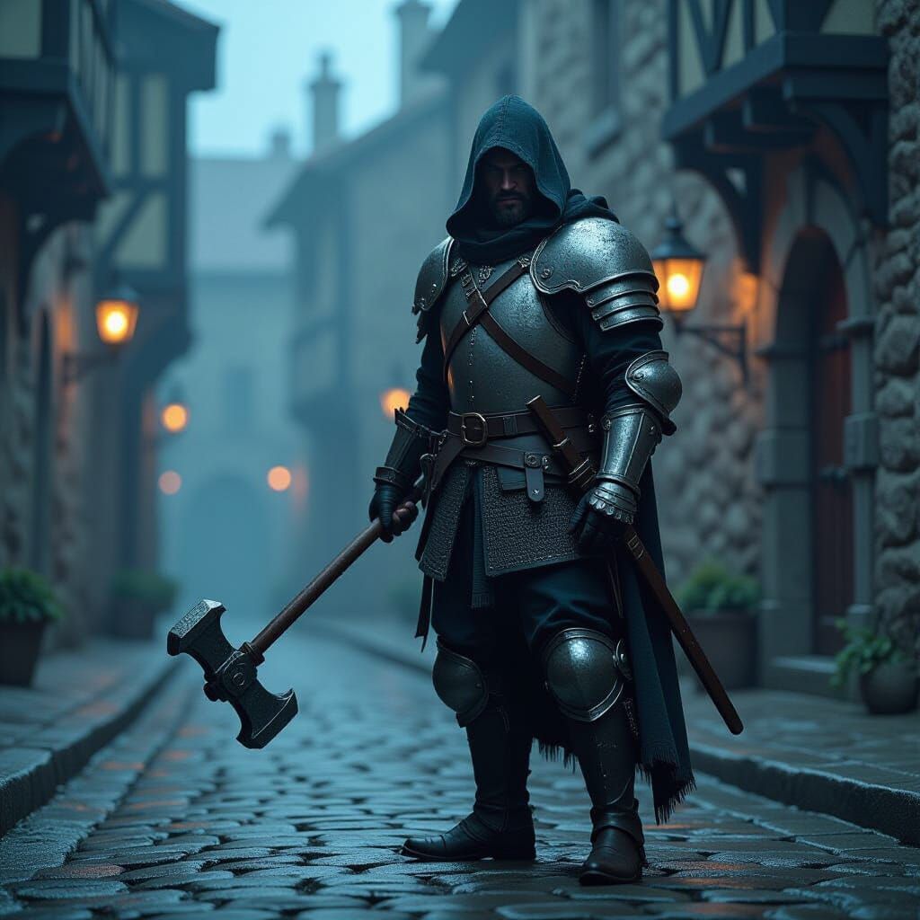 Hyperrealistic Musketeer Guarding Misty Cobblestone Street