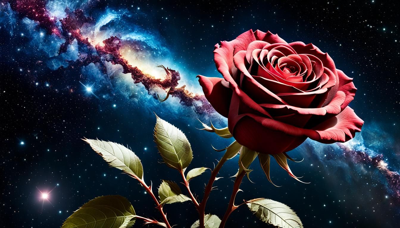 "Cosmic Love Affair: Chocolate Comet and Rose Galaxy"